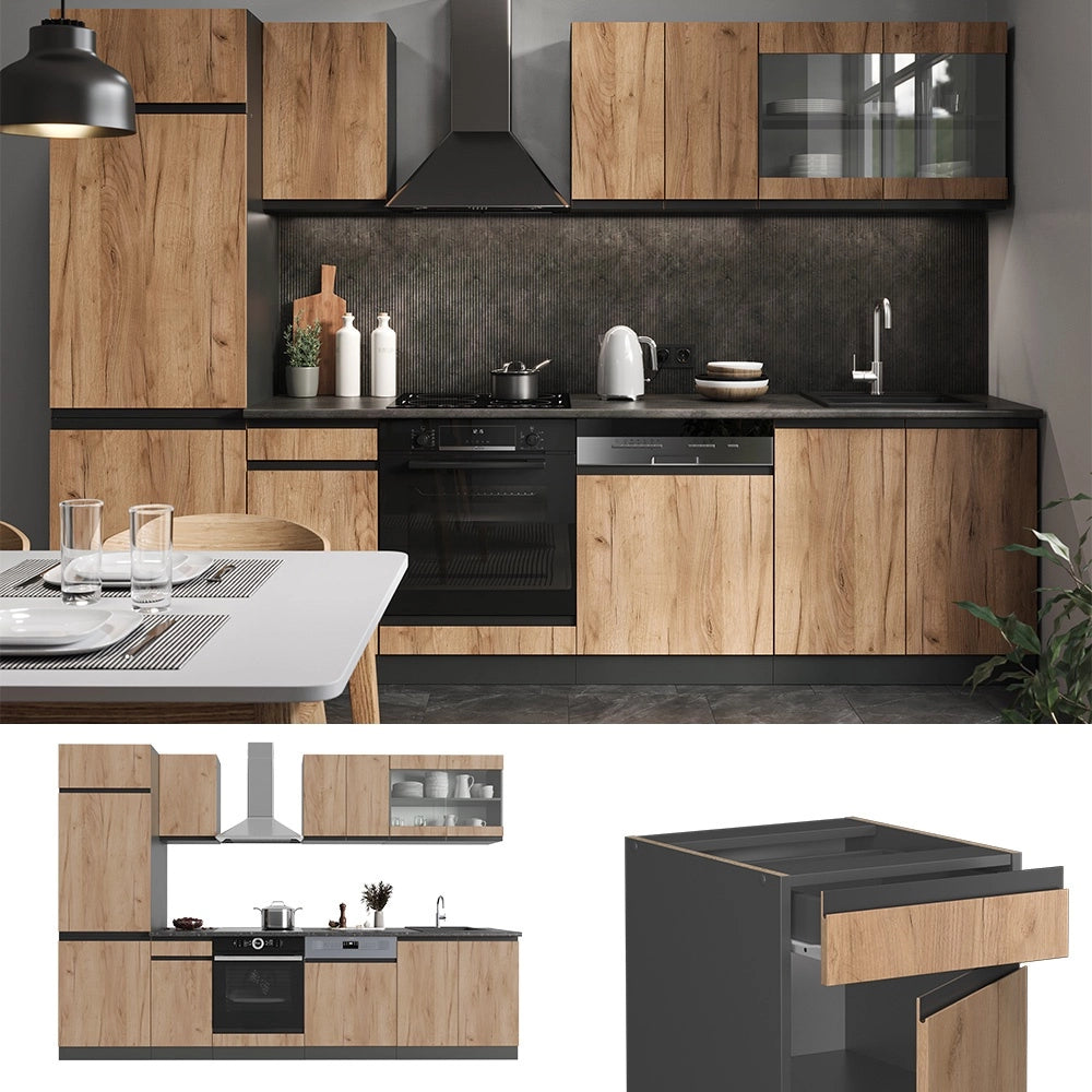 Cucina componibile R-Line Rovere dorato/Antracite 300 cm J-Shape, PL Marmo Vicco