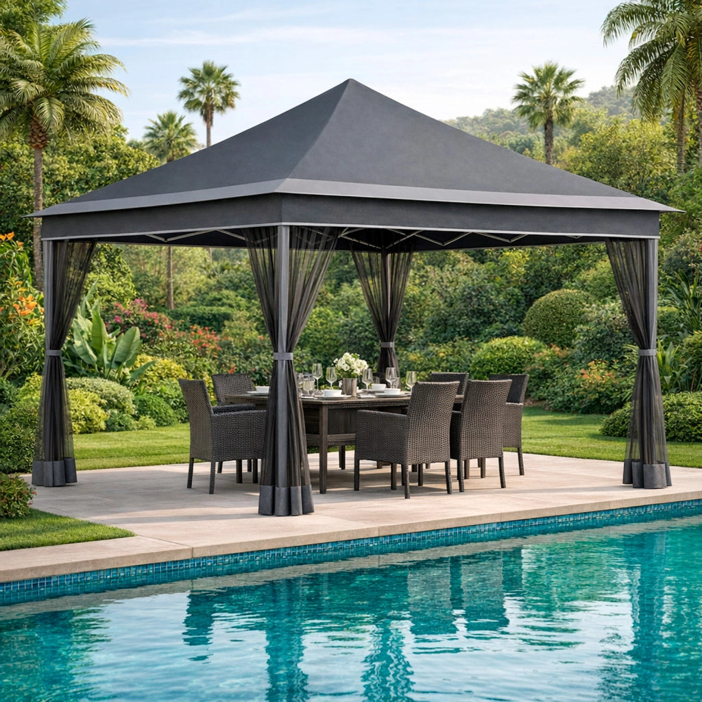 Gazebo Pieghevole Da Esterno Per Giardino Con Zanzariere Laterali Copertura Oxford UV50+ Struttura In Metallo Regolabile Pop Up Con Borsa Trasporto Per Eventi Outdoor 360 x 360 x 310 Cm Grigio Scuro