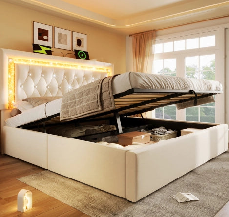 Letto matrimoniale imbottito 160x200 cm in velluto beige con LED; USB; contenitore e materasso