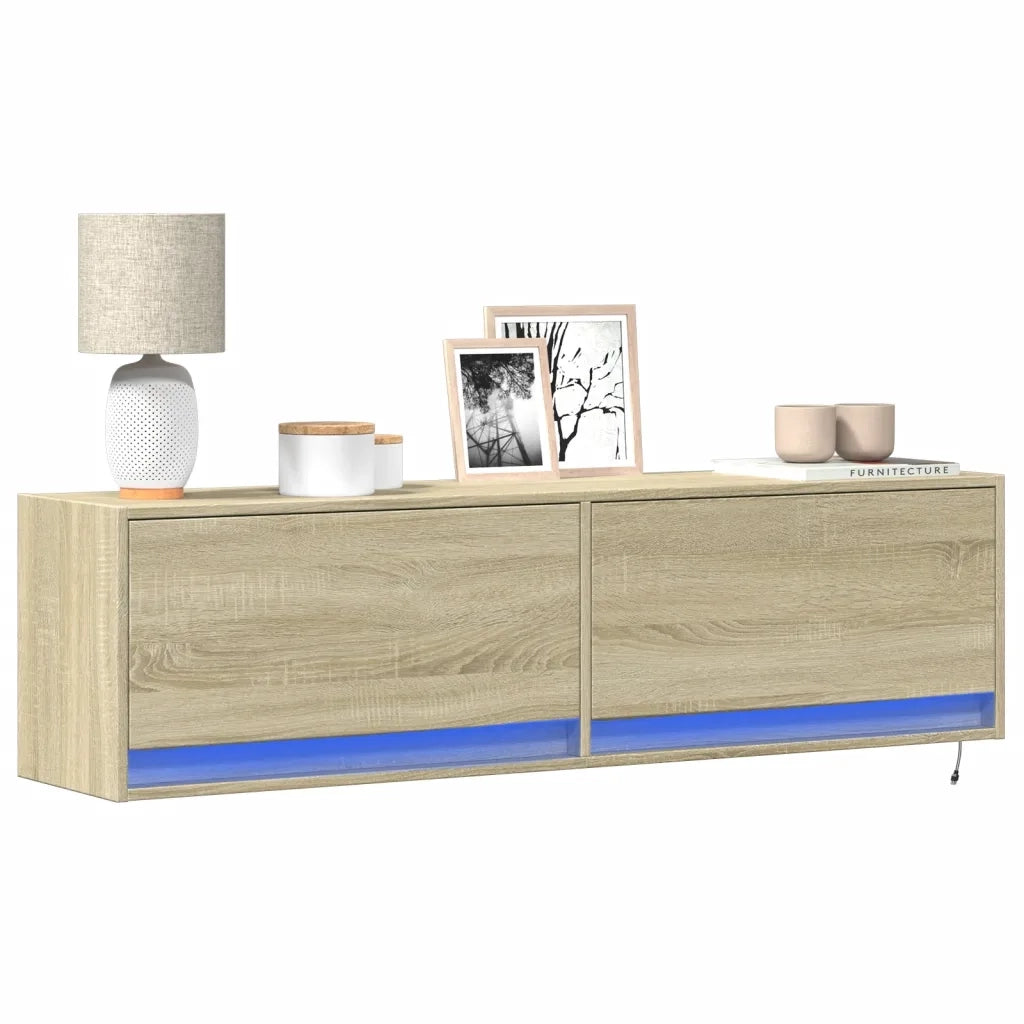Mobile TV a Parete con Luci LED Rovere Sonoma 140x31x38 cm