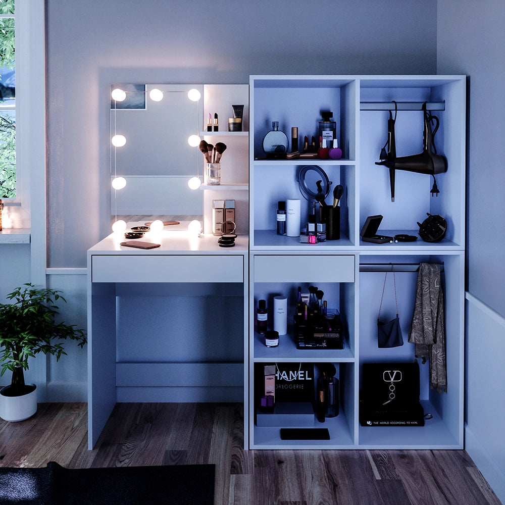 Vicco Tavolo da toeletta Bianco 140 cm con illuminazione LED e armadi
