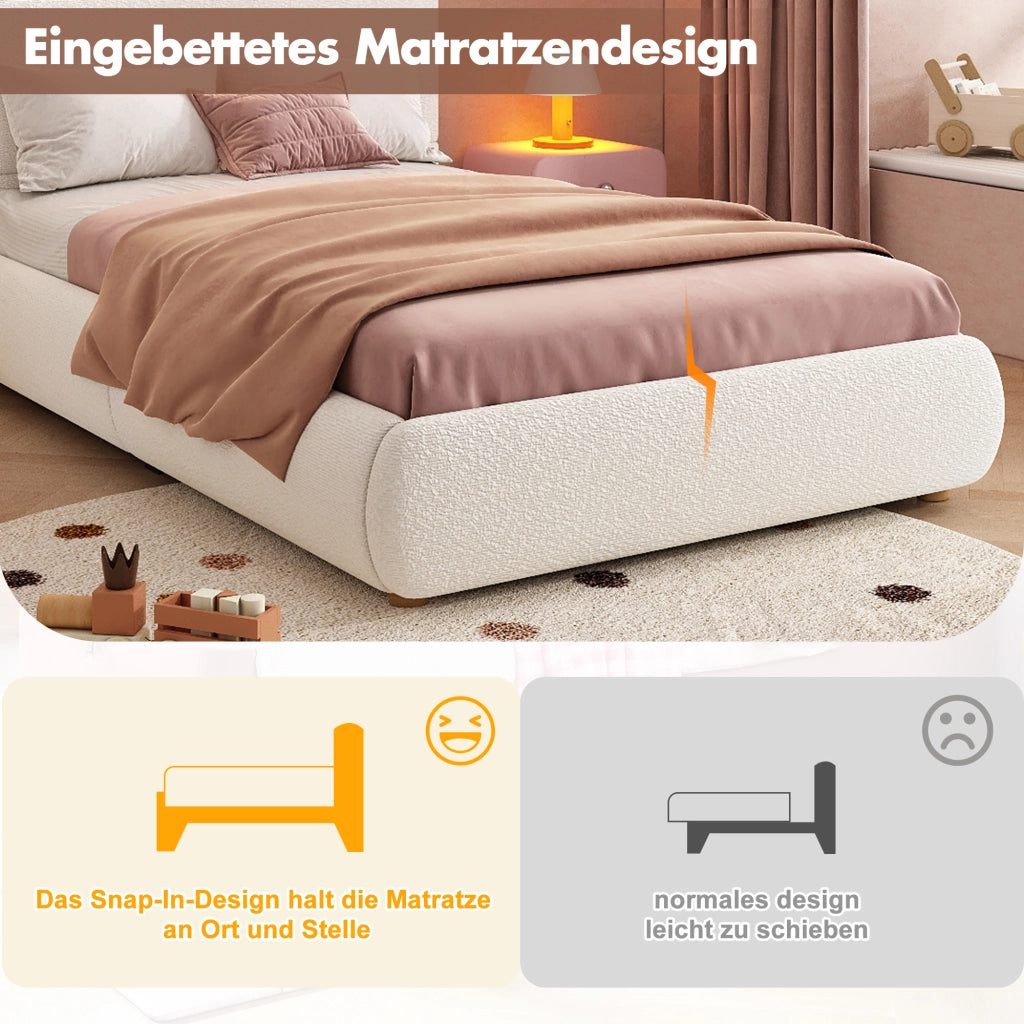Letto Singolo 90x200 cm con Contenitore e LED; Letto in Bouclé Bianco