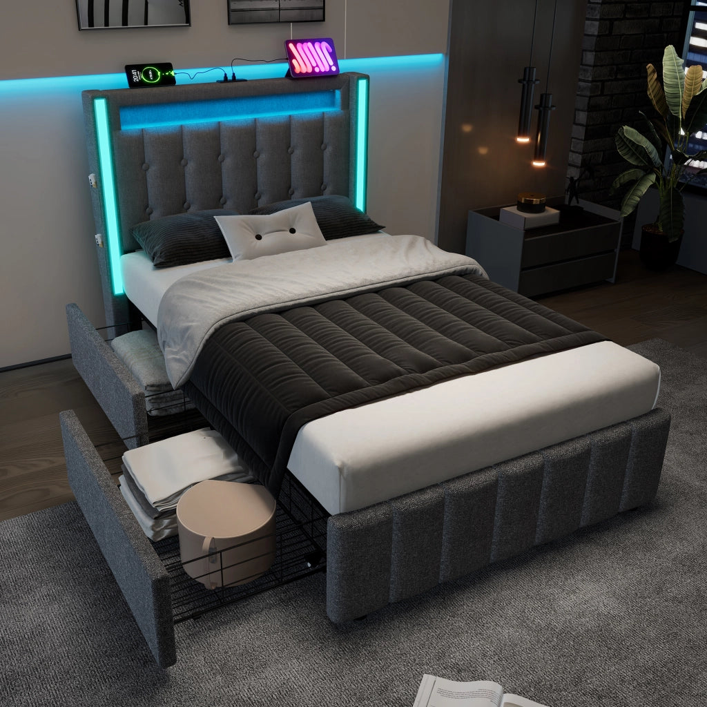 Letto Singolo 90x200 cm con USB; Type-C; LED e 2 Cassetti integrati in Lino Grigio