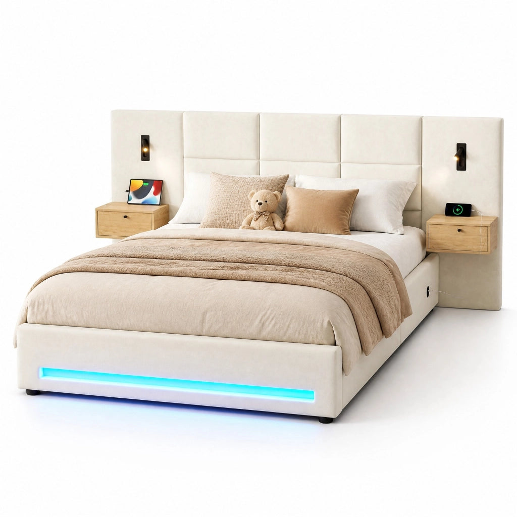 Letto matrimoniale imbottito 180x200 cm in velluto beige con contenitore; USB-C e LED