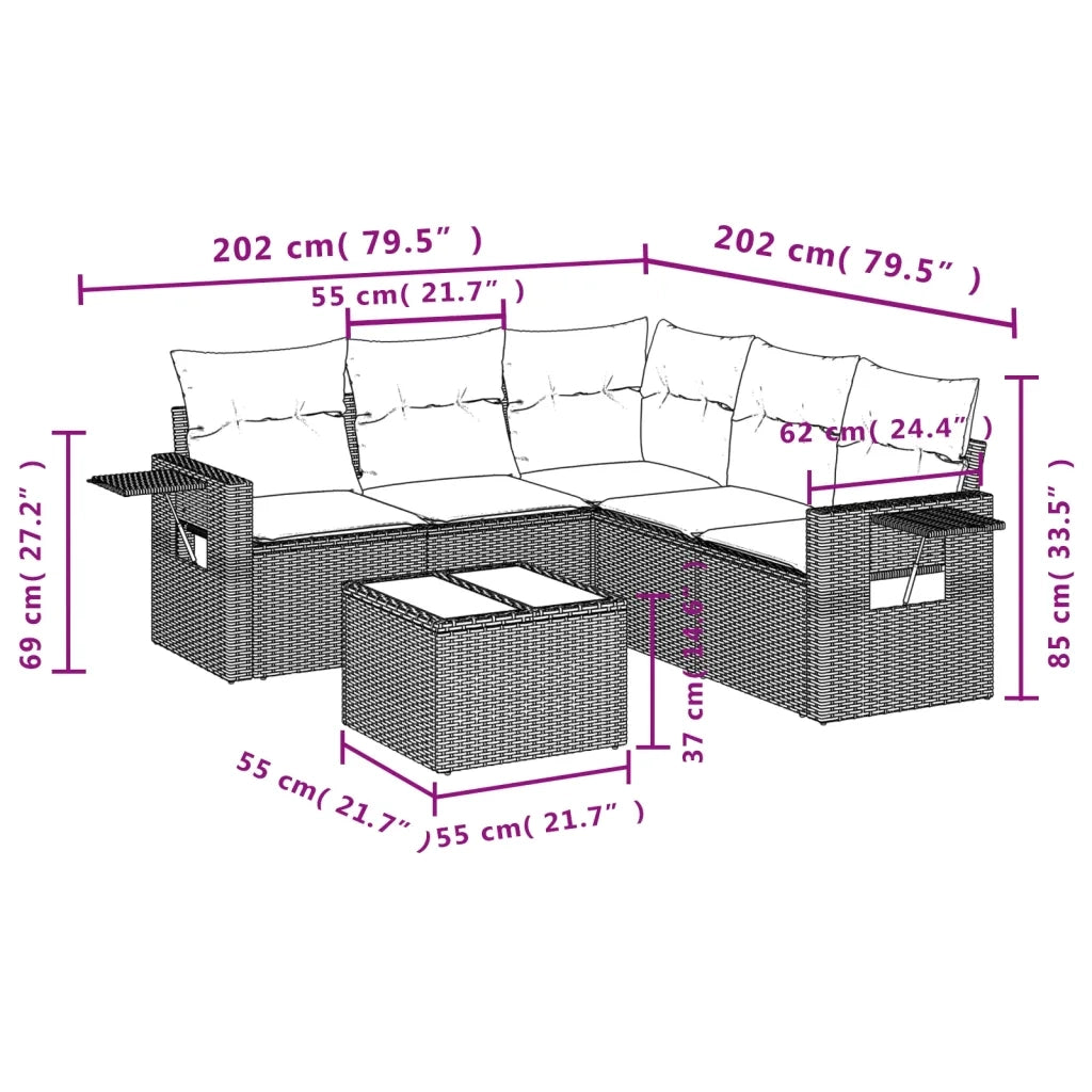 Set Divano da Giardino 6 pz con Cuscini Nero in Polyrattan 3252492