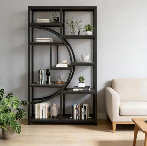Libreria geometrica a 9 ripiani aperti in metallo nero e legno