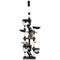 Tiragraffi per Gatti a Soffitto con Altezza Regolabile 240-260 cm, Albero Tiragraffi per Gatti Multilivello con Cucce, Amache e Scale, Corde in Sisal, Grigio Scuro e Bianco