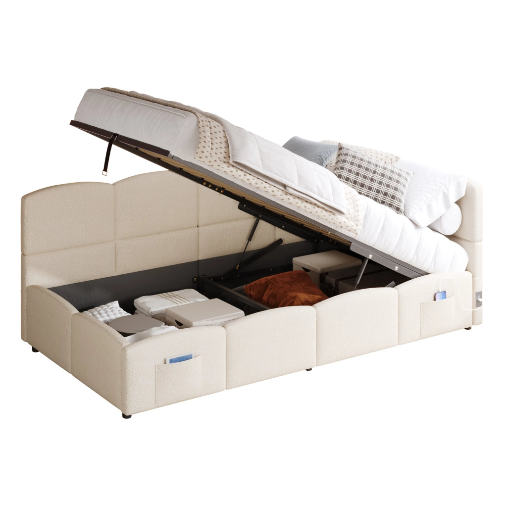 Letto singolo con contenitore 90x200 cm in bouclé beige; USB-A/USB-C e tasche laterali