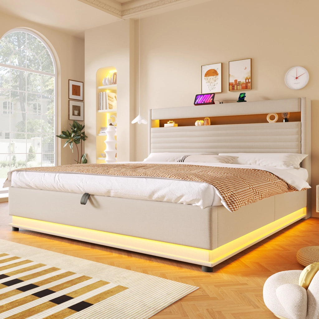 Letti contenitori 180x200 cm; contenitore idraulico con LED e USB; lino beige (Senza materasso)