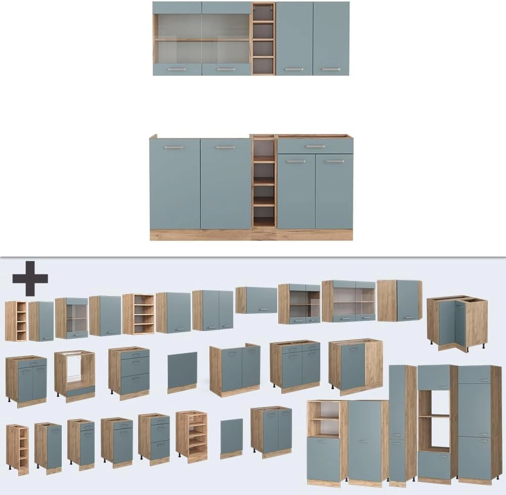 Cucina completa R-Line, Rovere blu-grigio/oro, 160 cm, PL Marmo, adatto per combinazioni ed espansioni personalizzate