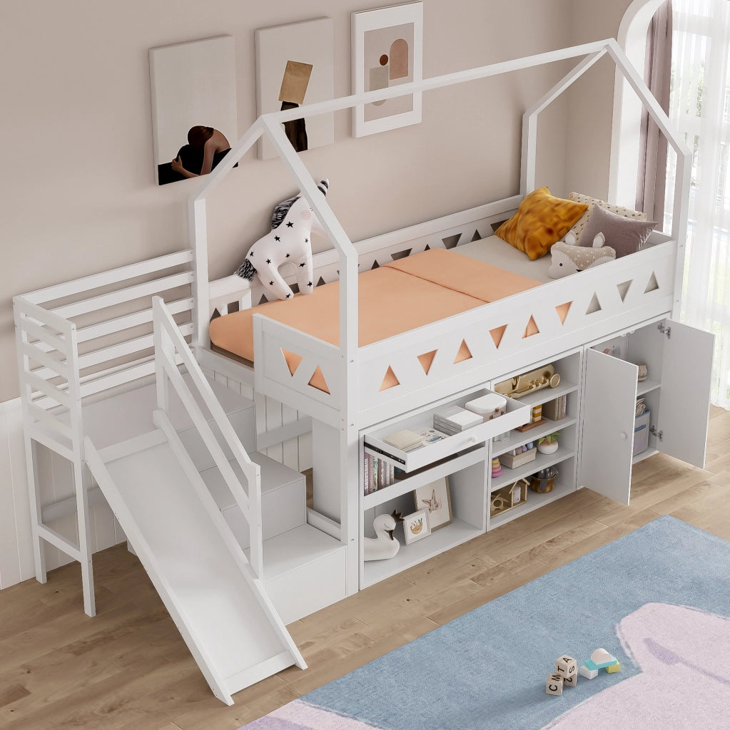 Letto per bambini 90x200 cm con scivolo, scale e cassetti