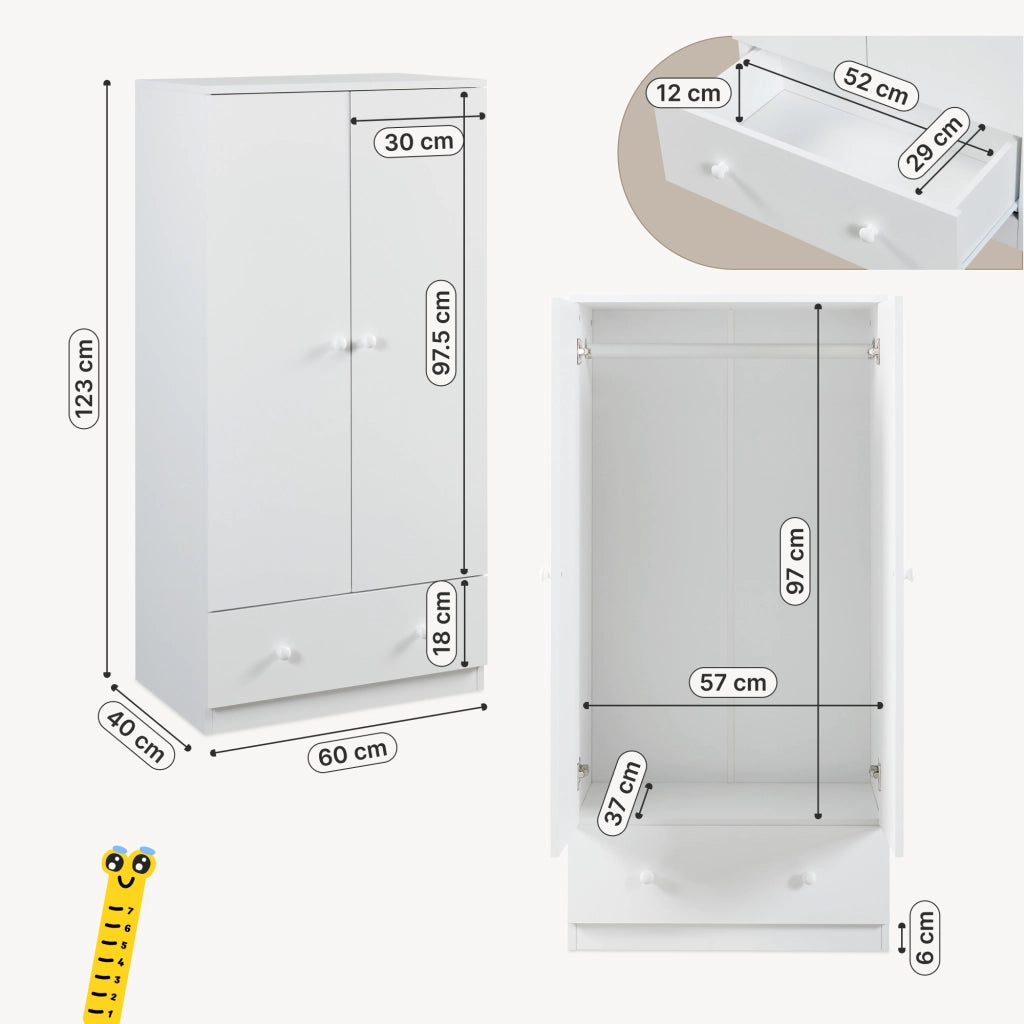 Armadio Beldinupp per Cameretta a 2 Ante e Cassetto 123 x 60 x 40 cm - Bianco [en.casa]