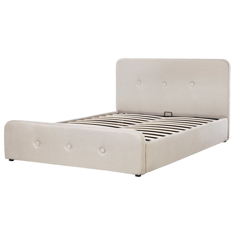 Letto a doghe Tessuto in poliestere beige Gambe in legno imbottite Pouf contenitore King Size Design moderno