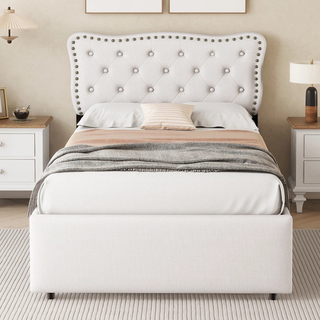 LETTO imbottito 90x200 cm beige chiaro con 2 cassetti