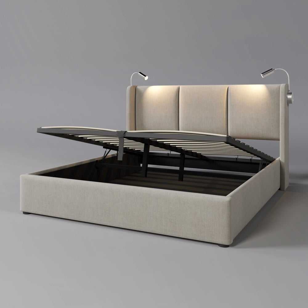 Letto Contenitore Imbottito Matrimoniale con Luce LED e USB ¨C Xylo ¨C Tessuto Lino 160x200
