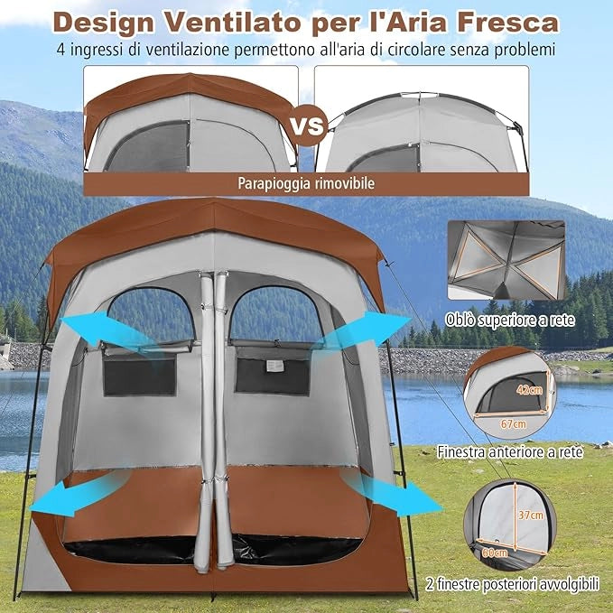Tenda Spogliatoio da Esterno a 2 Stanze, Tenda da Doccia da Campeggio con Parapioggia Rimovibile, Stendibiancheria e Borsa, Tenda per WC Doccia per Campeggio, Spiaggia e Pesca(Marrone)