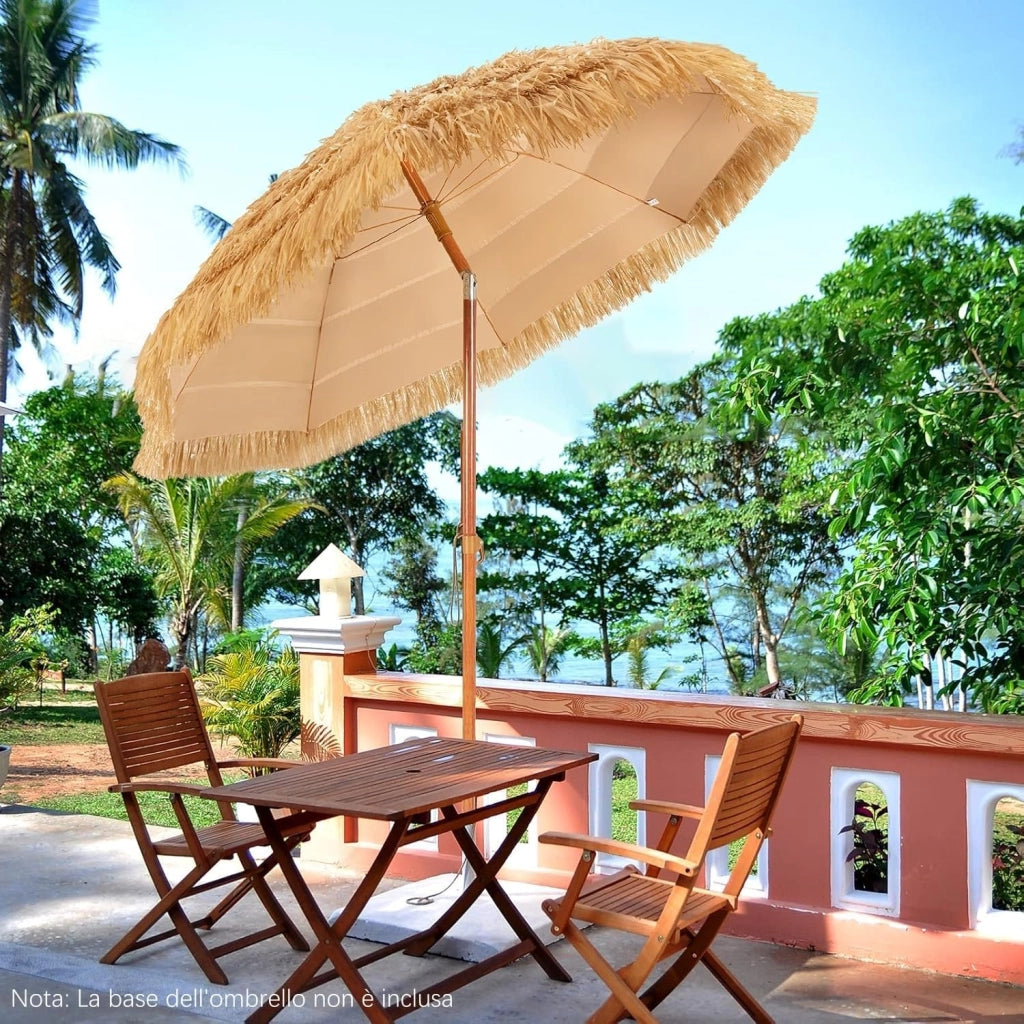 Ombrellone di Paglia 200 cm (Diametro Interno 175 cm), Ombrellone da Spiaggia Pieghevole, Parasole Hawaiano con Inclinabile in Metallo, Spiaggia e Balcone (Naturale)