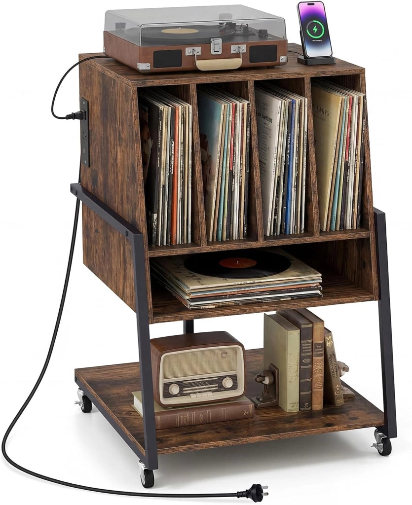 Supporto per Giradischi, Mobile Porta Giradischi con 4 Scomparti e Ripiani Aperti, Scaffale per Dischi in Legno con Ruote e Piedini Regolabili (Marrone Rustico, Nessuna Presa di Corrente)