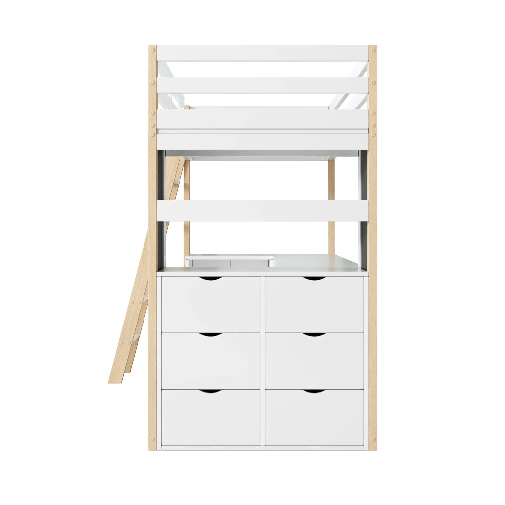 Letto a Soppalco per Bambini con Scrivania, Cassetto, Libreria e Lavagna ¨C MINIMAL ¨C Bianco/Legno 90x200