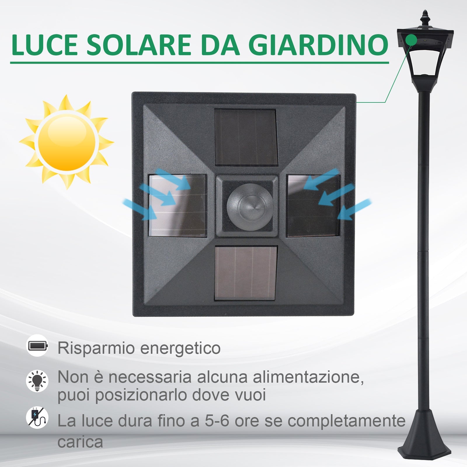 Lampione da Giardino Led a Energia Solare Nero 120 cm