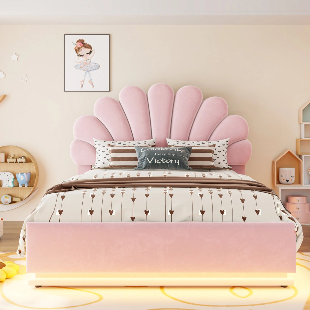 Letto matrimoniale 140x200 cm con contenitore idraulico; LED; testiera a fiore in velluto