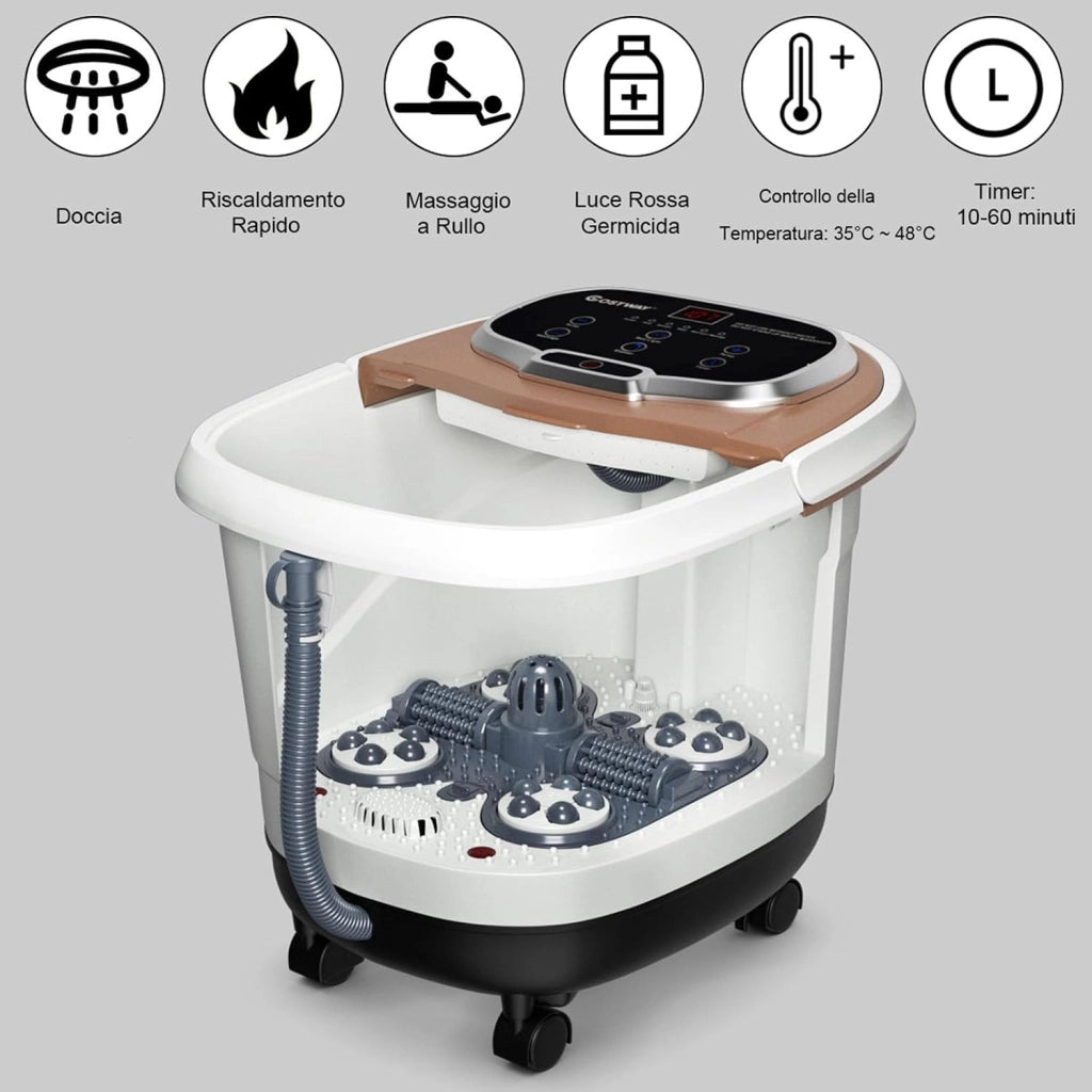 Idromassaggio per Piedi, Pediluvio Massaggiatore Plantare Massaggio Shiatsu, con Funzione Calore Timer e Rulli Luce a Infrarossi, Idromassaggiatore 15L (Marrone)