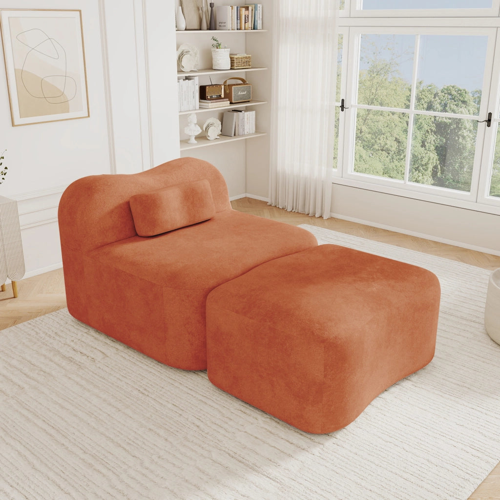 Divano modulare senza telaio con pouf collegabile, seduta profonda e cuscini ergonomici in velluto arancione