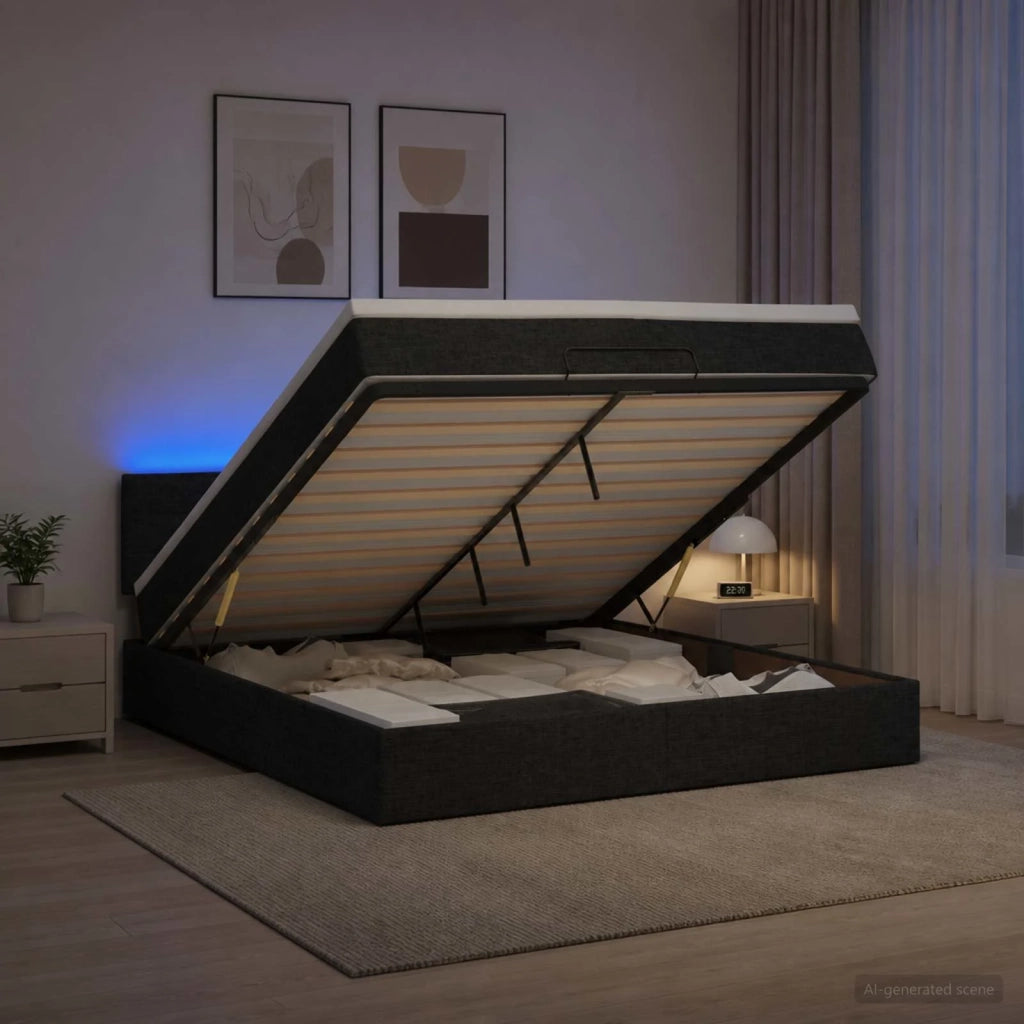 Letto Ottomano con Materasso e LED Nero 160 x 200 cm Tessuto 3456838