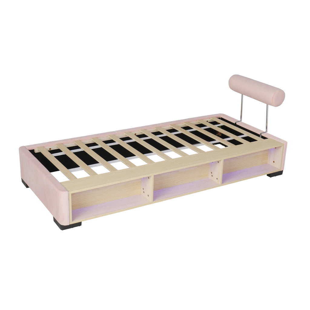DESMIU Letto bambino 90 × 200 cm con mensola, LED e testiera modulabile, senza materasso, in velluto, rosa