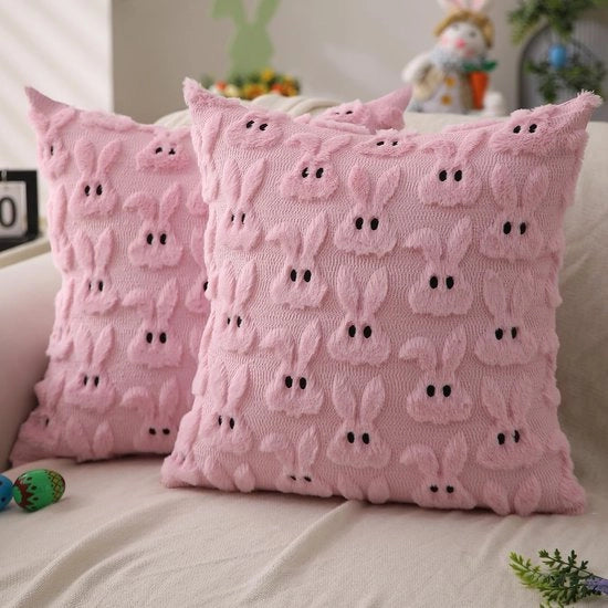Sfondo per divano 45 x 45 cm, decorato con orecchie bianche e un coniglio bianco, cuscino di piuma morbida in finta pelliccia jacquard per camera da letto, divano, decorazione festiva per la casa, coniglio rosa (inserzione cuscino non inclusa).