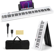 Pianoforte Elettronico Pieghevole a 88 Tasti, Piano Digitale con MIDI, 1000 Ritmi, 1000 Timbri, 150 Canzoni Demo, Registrazione, Batteria e Borsa da Trasporto per Bambini (Bianco)
