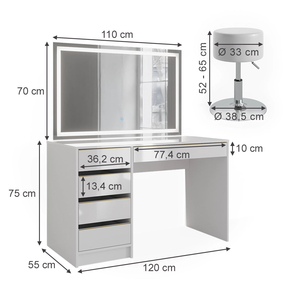 Vicco Tavolino da toilette Bianco/Oro 55 cm con specchio LED e sgabello