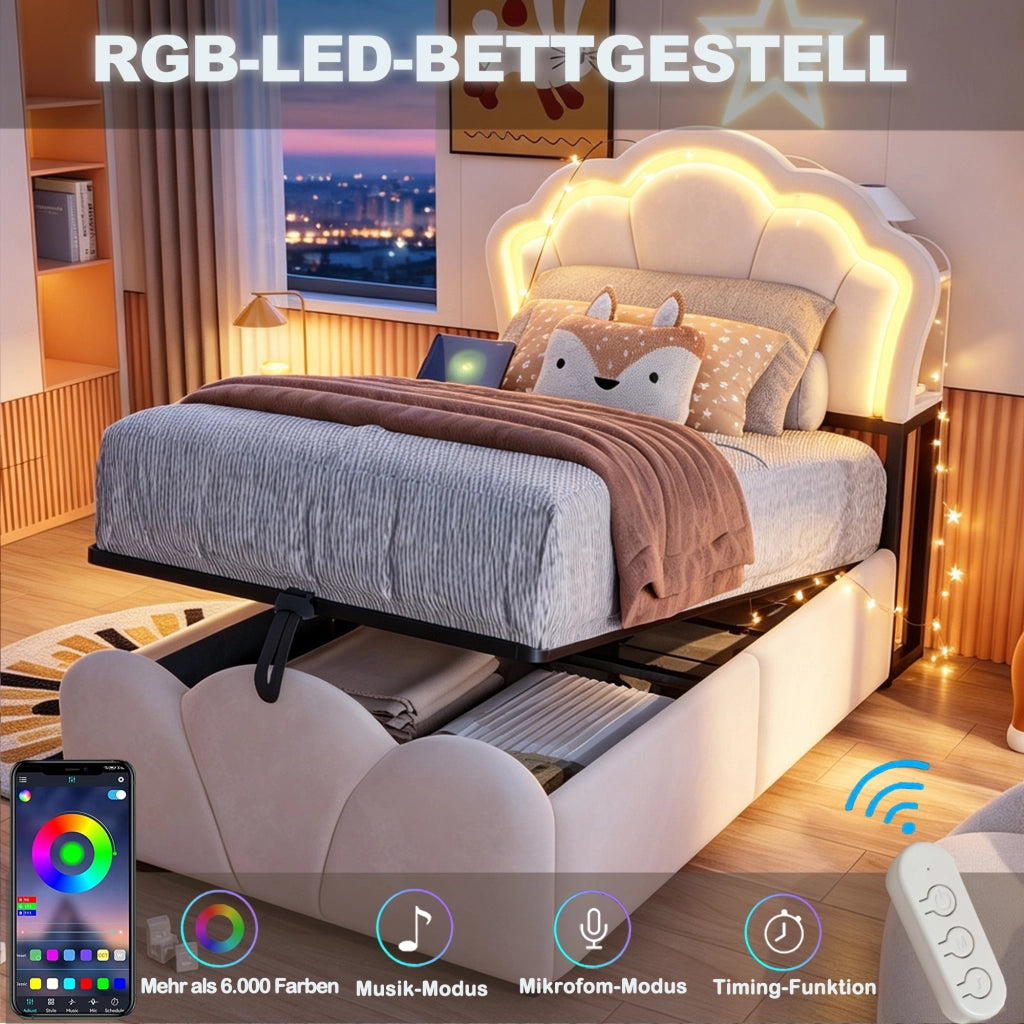LETTO imbottito 90x200 cm in velluto beige con contenitore idraulico, LED e prese