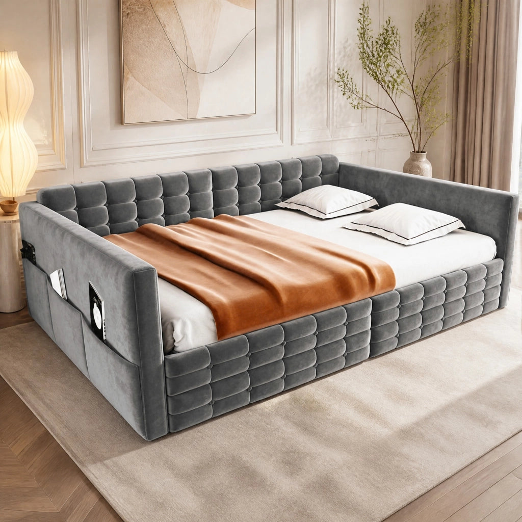 Letto imbottito contenitore 140x190, velluto grigio, testiera a quadri, 2 cassetti e tasche laterali