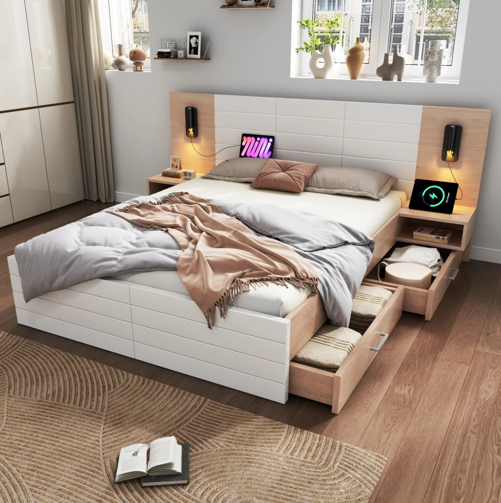Letto matrimoniale 160x200 cm con lampada da lettura; USB; 2 cassetti; bianco e rovere chiaro; con materasso