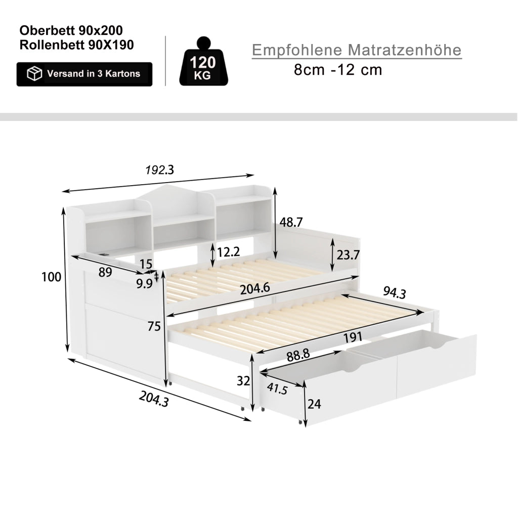 Letto estraibile singolo 90×200 cm con 2 cassetti; vano portaoggetti; USB; senza materasso; bianco