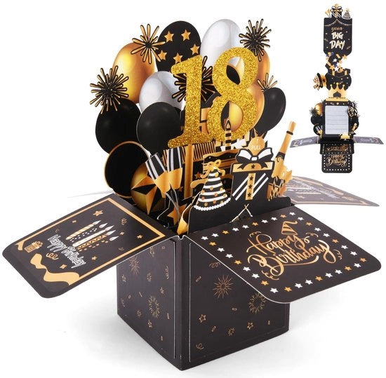 Carta di compleanno estensibile 18° anniversario, 3D carta di auguri estraibile per 18° compleanno, carta di auguri pop-up con involucro, carte di compleanno, regalo di compleanno per donne, bambini, amiche, uomini (nero e oro)