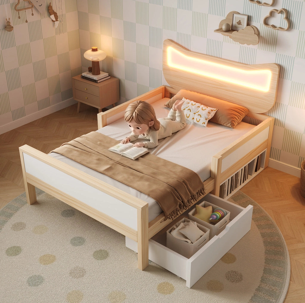Letto singolo 90x190 cm con testiera a gatto; LED RGB; cassetto e contenitore; bianco e rovere