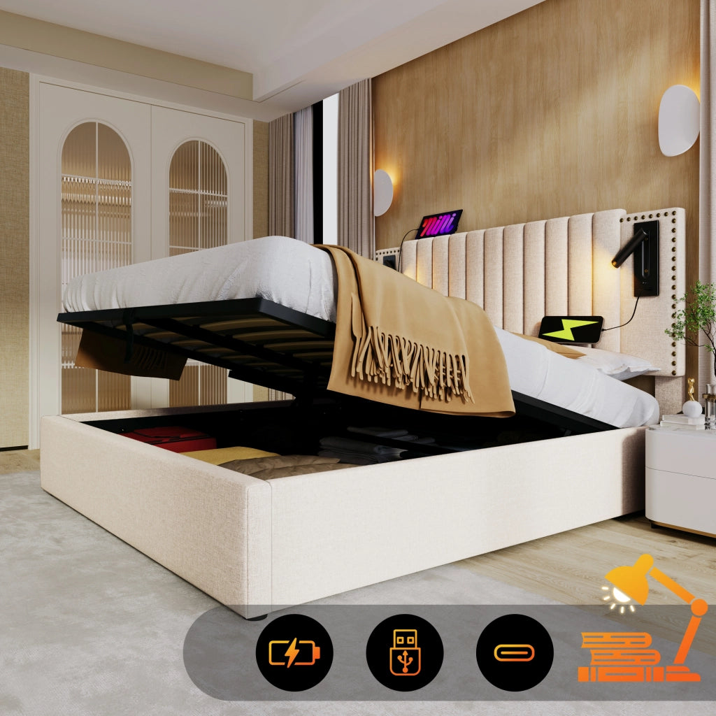 LETTO Contenitore 140x200 cm Beige in cotone con luce da lettura e USB