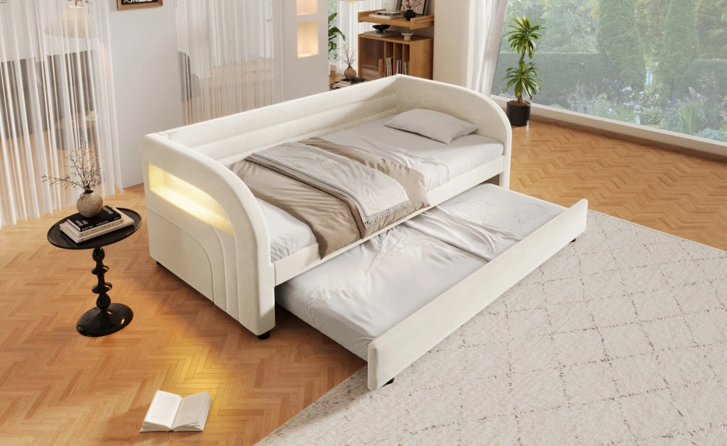 Letto piattaforma imbottito 90x200 cm con letto estraibile e illuminazione LED beige