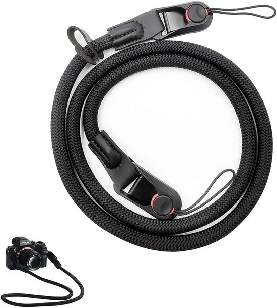 Riem per Fotocamera con Chiusura Rapida e Cavo di Sospensione per SLR, DSLR e Fotocamere Senza Specchio - Nero - 116 cm - Riem per Fotocamera Ergonomico.