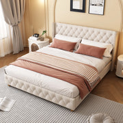 OKWISH Letto Imbottito 140×190 cm, Letto Matrimoniale con Testiera Capitonné, Bottoni e Rivetti, senza Materasso, in Lino, Beige