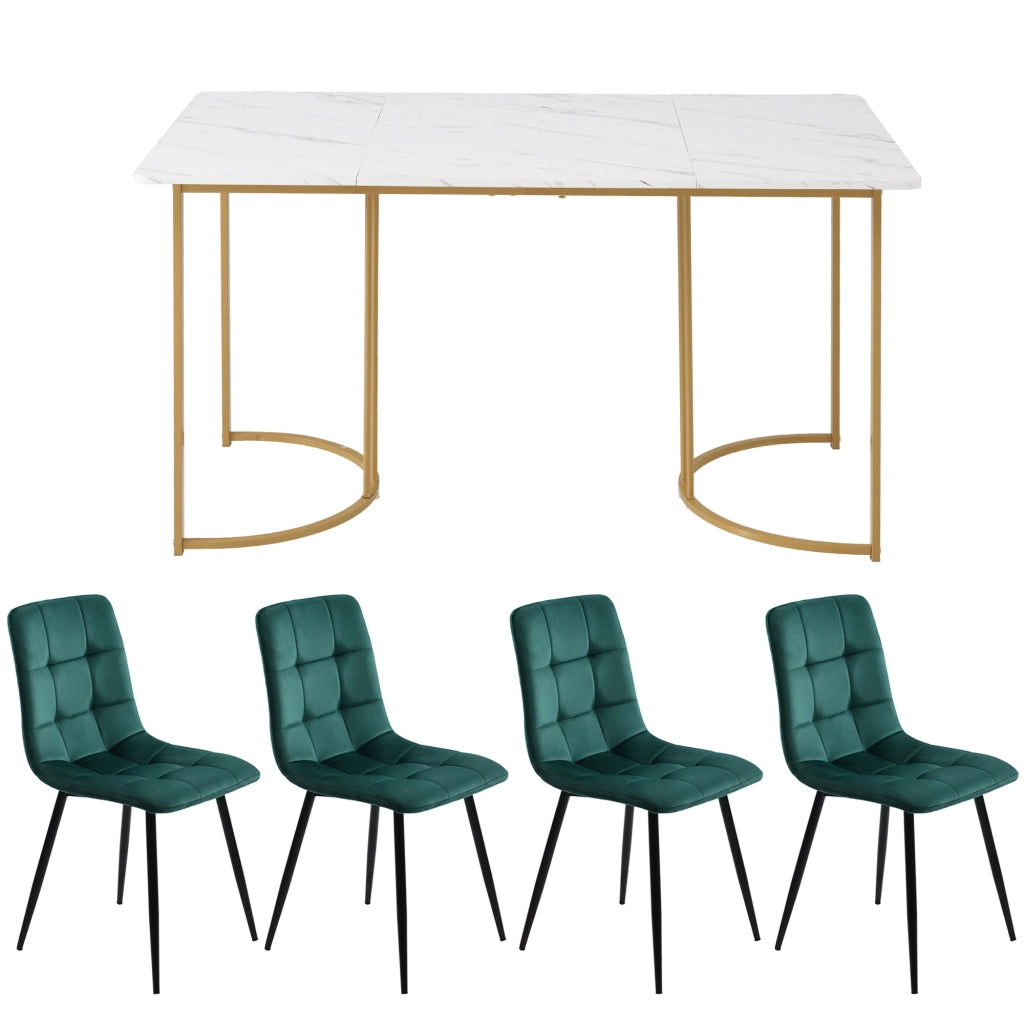 Tavolo da pranzo moderno con 4 sedie in velluto, piano in MDF effetto marmo, gambe in metallo, bianco, 140 × 80 cm