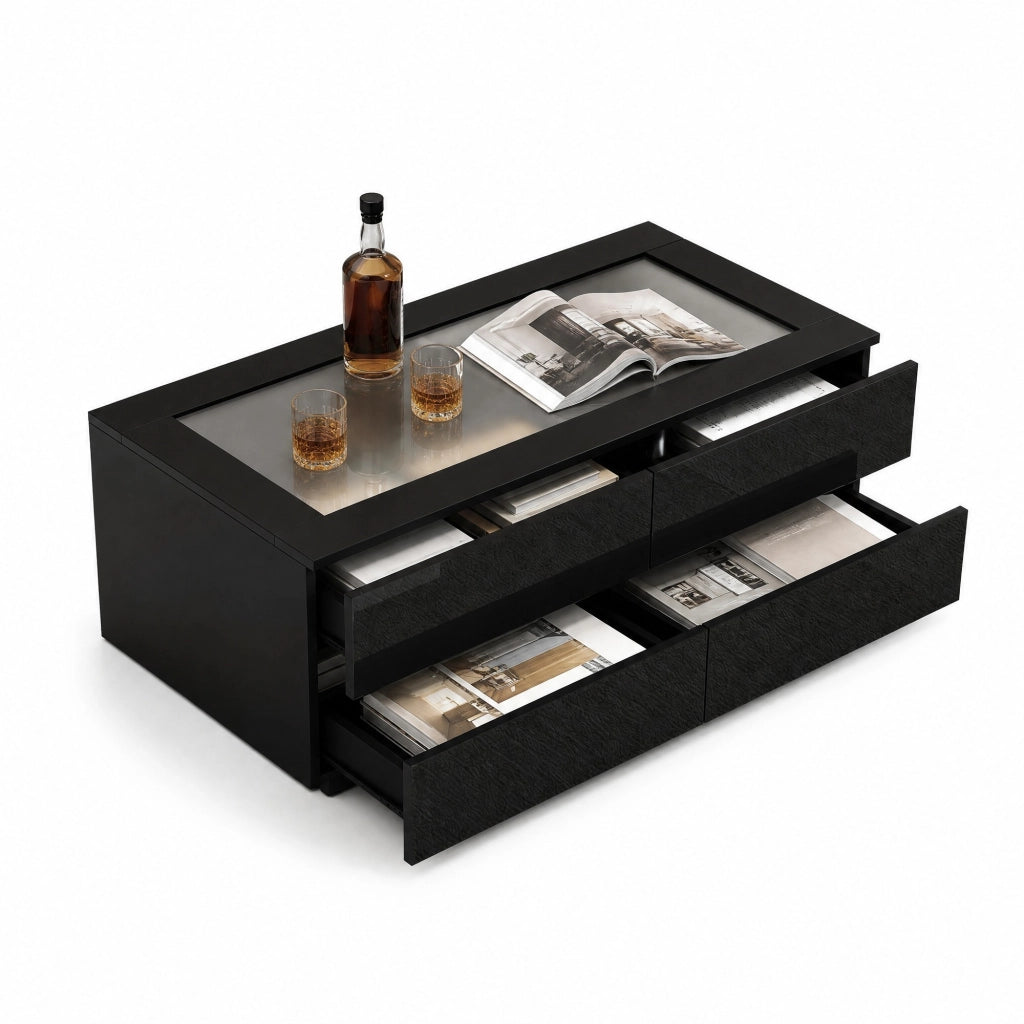 Tavolino da caffè con 4 cassetti e illuminazione LED; piano in vetro temperato; in truciolare nero; 100 × 50 × 40 cm