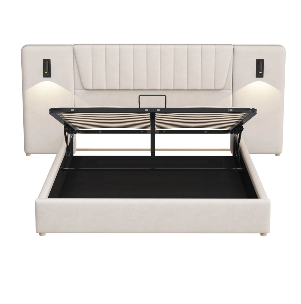 Letto imbottito 180x200 cm con contenitore idraulico, lampade USB e velluto beige