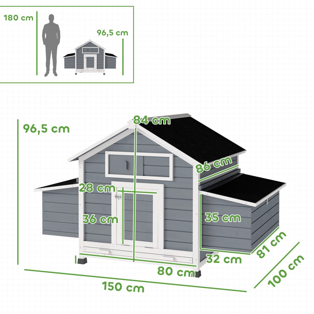 Pollaietto per Giardino in Legno con 2 Nidi e Tetto Impermeabile ¨C zephmum ¨C 150x100x96.5 cm Grigio