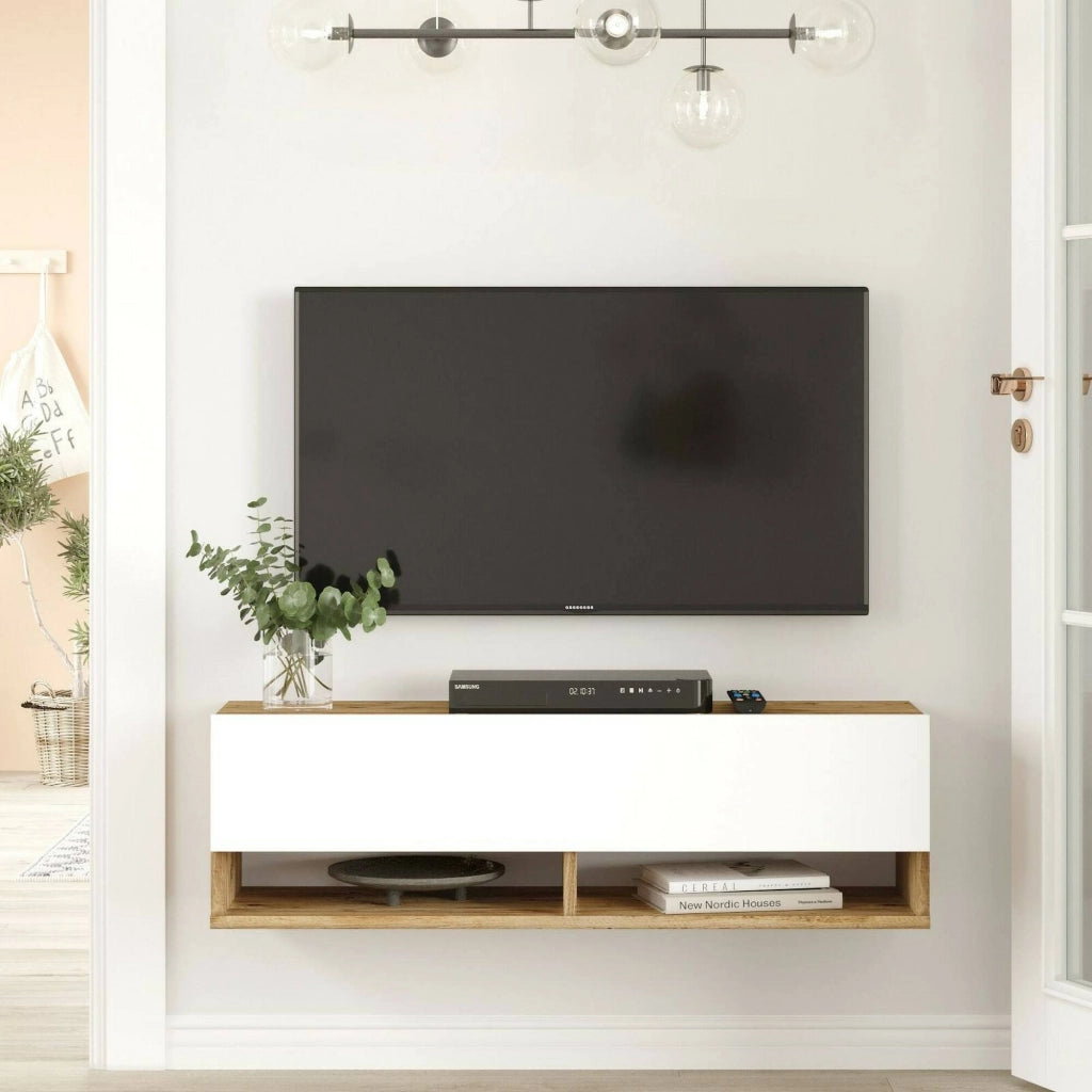 Mobile porta TV Iva, Credenza da soggiorno, Armadio basso per TV, Base parete attrezzata, 100x32h29 cm, Quercia e Bianco