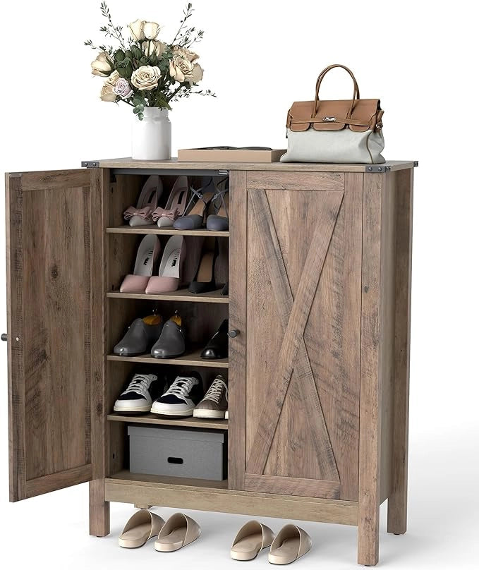 Armadio per Scarpe con Ante, Scarpiera in Legno da 6 Livelli in Stile Rustico con Ripiani Regolabili, per Ingresso Corridoio e Soggiorno, 80x35,5x100 cm (Marrone)
