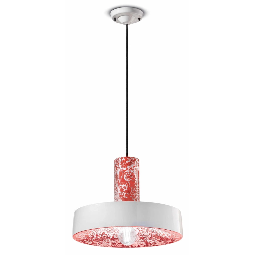 Sospensione Grande Vintage Decò Pi Ceramica Ming Rosso 1 Luce E27