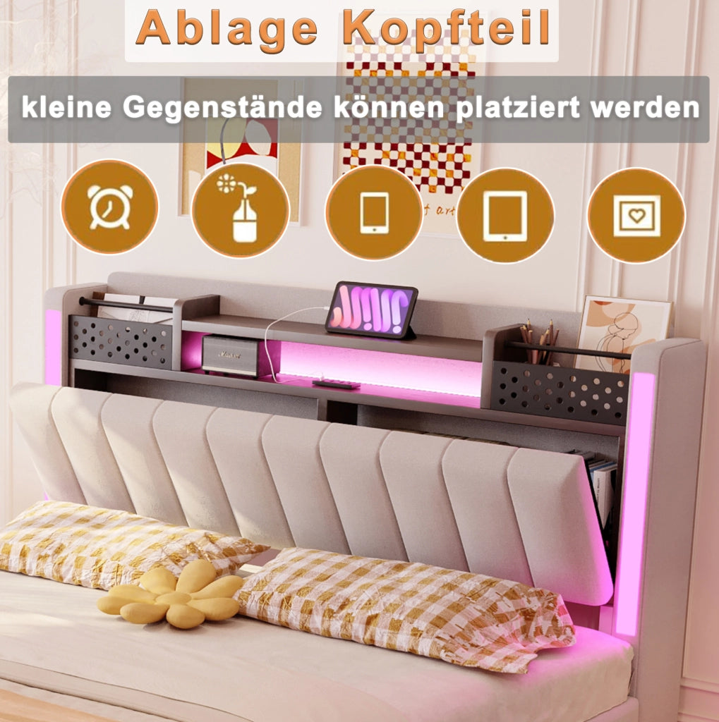 Letto imbottito matrimoniale 140x200 con LED; USB e contenitore nascosto; beige